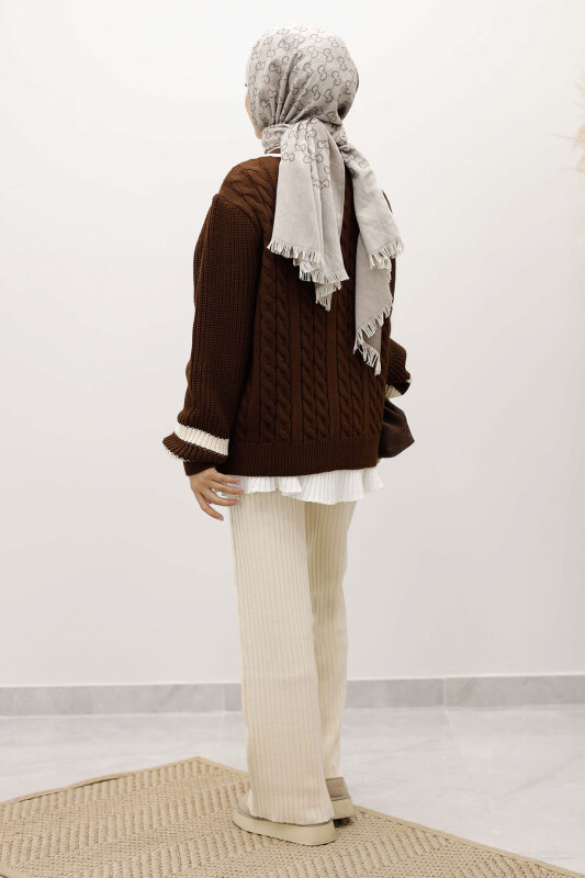 Saç Örgü Desenli Triko Hırka TSD250255 Kahverengi - 6