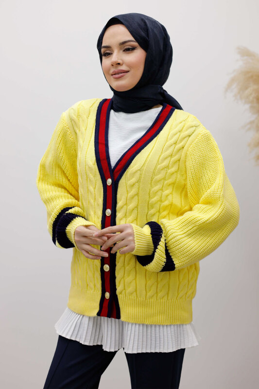 Saç Örgü Desenli Triko Hırka TSD250255 Sarı - Tesettür Dünyası