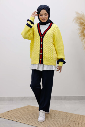 Saç Örgü Desenli Triko Hırka TSD250255 Sarı - Tesettür Dünyası (1)