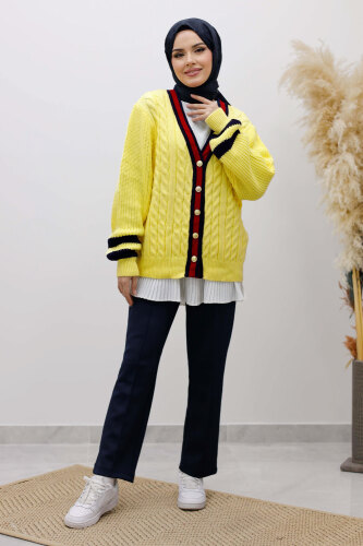 Saç Örgü Desenli Triko Hırka TSD250255 Sarı - 3