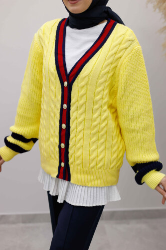 Saç Örgü Desenli Triko Hırka TSD250255 Sarı - 4