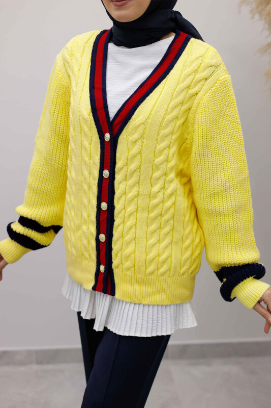 Saç Örgü Desenli Triko Hırka TSD250255 Sarı - 4