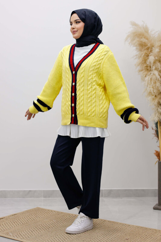 Saç Örgü Desenli Triko Hırka TSD250255 Sarı - 5