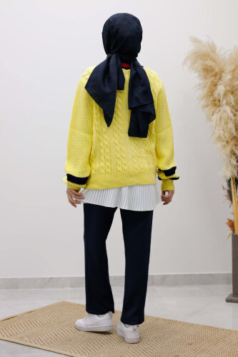 Saç Örgü Desenli Triko Hırka TSD250255 Sarı - 6