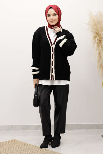 Saç Örgü Desenli Triko Hırka TSD250255 Siyah - 2