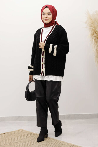 Saç Örgü Desenli Triko Hırka TSD250255 Siyah - 3