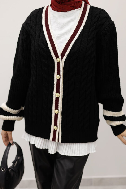 Saç Örgü Desenli Triko Hırka TSD250255 Siyah - 4