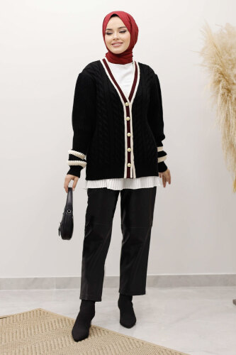 Saç Örgü Desenli Triko Hırka TSD250255 Siyah - 5