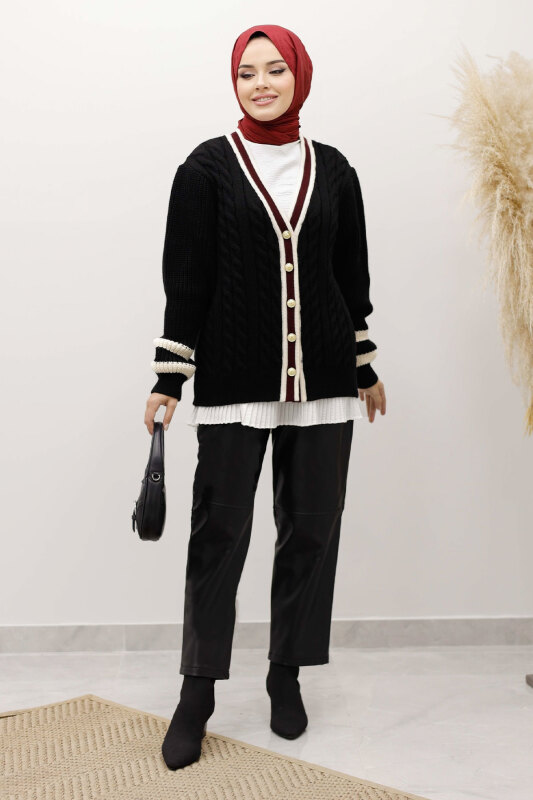 Saç Örgü Desenli Triko Hırka TSD250255 Siyah - 5