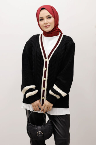 Saç Örgü Desenli Triko Hırka TSD250255 Siyah 