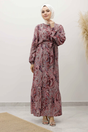 Şal Desen Kuşaklı Elbise TSD250257 Bordo - Tesettür Dünyası