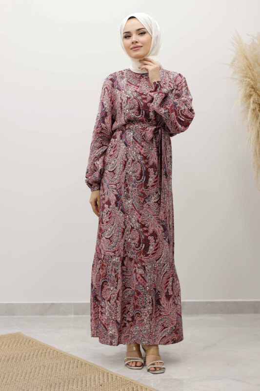 Şal Desen Kuşaklı Elbise TSD250257 Bordo - 1
