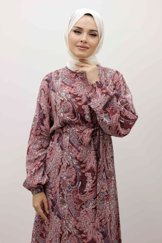 Şal Desen Kuşaklı Elbise TSD250257 Bordo - Tesettür Dünyası (1)