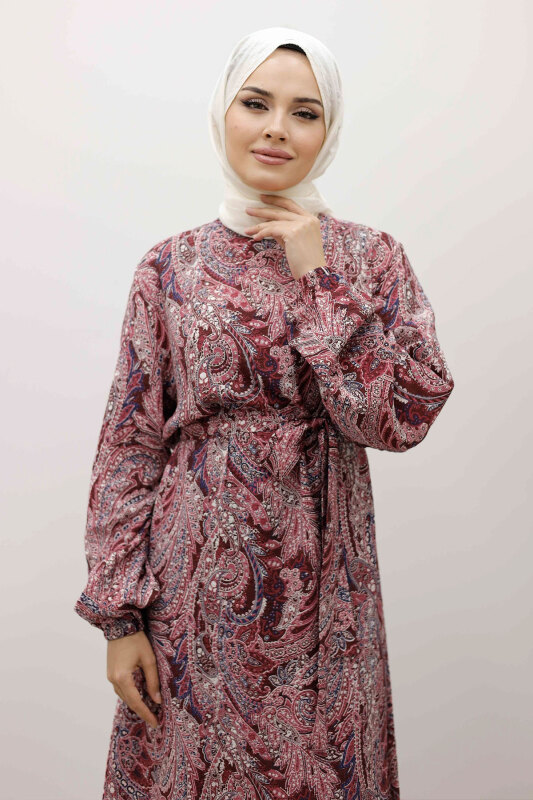 Şal Desen Kuşaklı Elbise TSD250257 Bordo - 2