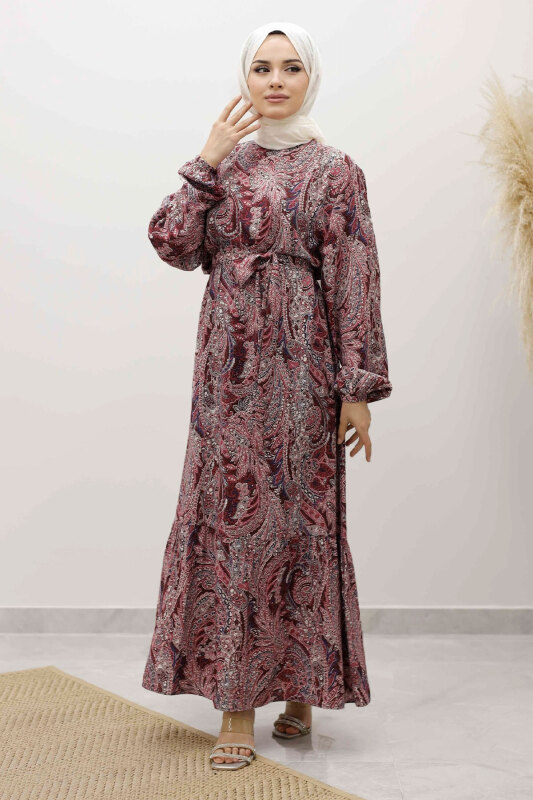 Şal Desen Kuşaklı Elbise TSD250257 Bordo - 3