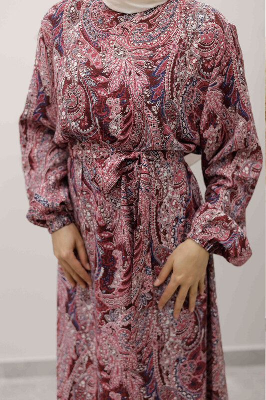 Şal Desen Kuşaklı Elbise TSD250257 Bordo - 4