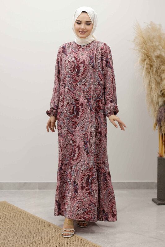 Şal Desen Kuşaklı Elbise TSD250257 Bordo - 5