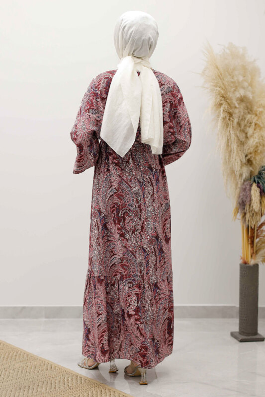 Şal Desen Kuşaklı Elbise TSD250257 Bordo - 6