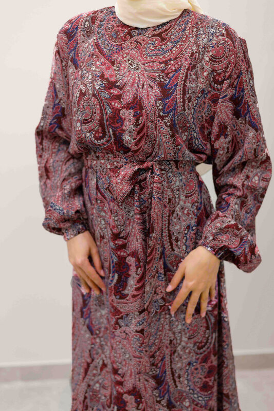 Şal Desen Kuşaklı Elbise TSD250257 Bordo - 4