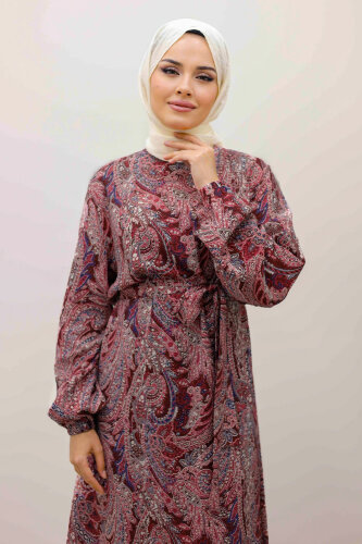 Şal Desen Kuşaklı Elbise TSD250257 Bordo - 2