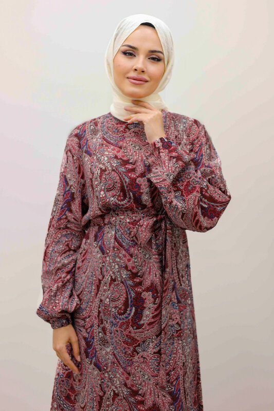 Şal Desen Kuşaklı Elbise TSD250257 Bordo - TESETTÜR DÜNYASI (1)