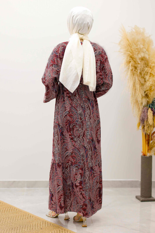 Şal Desen Kuşaklı Elbise TSD250257 Bordo - 7