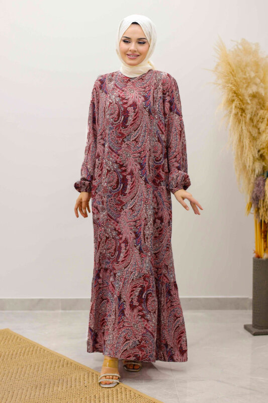 Şal Desen Kuşaklı Elbise TSD250257 Bordo - 5