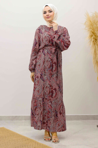 Şal Desen Kuşaklı Elbise TSD250257 Bordo - 3