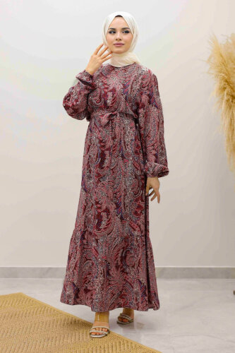 Şal Desen Kuşaklı Elbise TSD250257 Bordo - 6