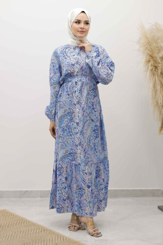 Şal Desen Kuşaklı Elbise TSD250257 Mavi - Tesettür Dünyası