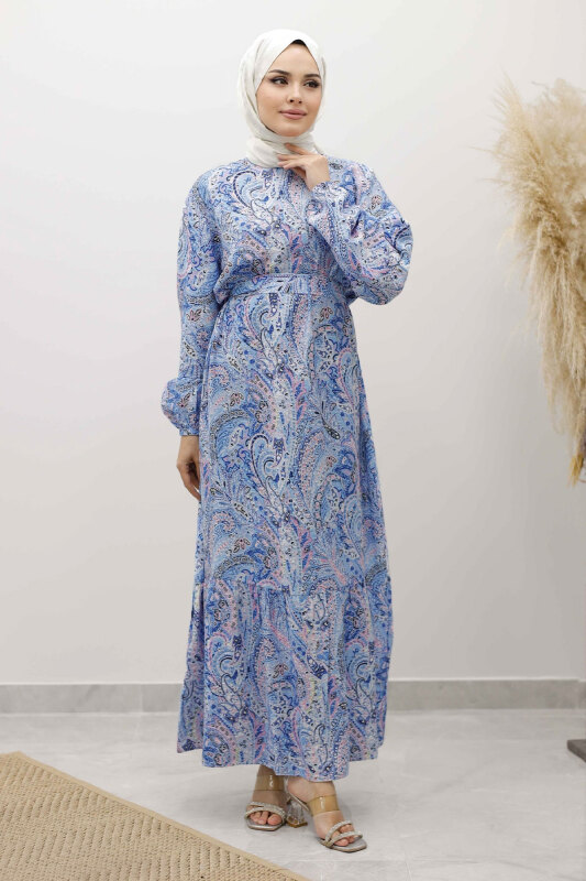 Şal Desen Kuşaklı Elbise TSD250257 Mavi - 1