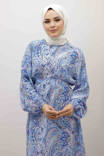 Şal Desen Kuşaklı Elbise TSD250257 Mavi - Tesettür Dünyası (1)