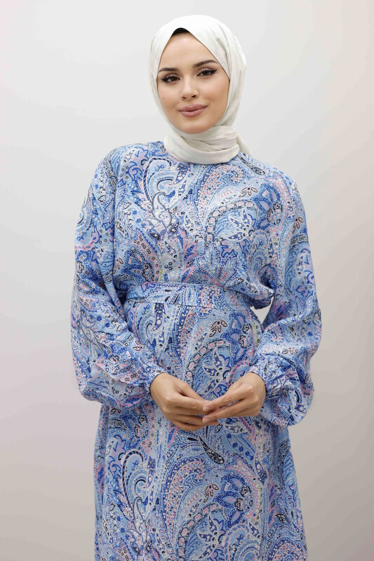 Şal Desen Kuşaklı Elbise TSD250257 Mavi - 2