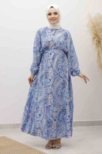 Şal Desen Kuşaklı Elbise TSD250257 Mavi - 3