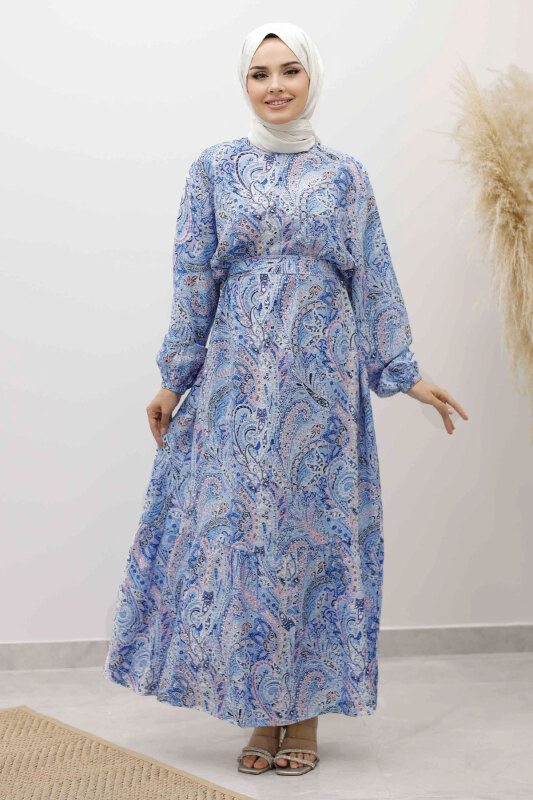 Şal Desen Kuşaklı Elbise TSD250257 Mavi - 3
