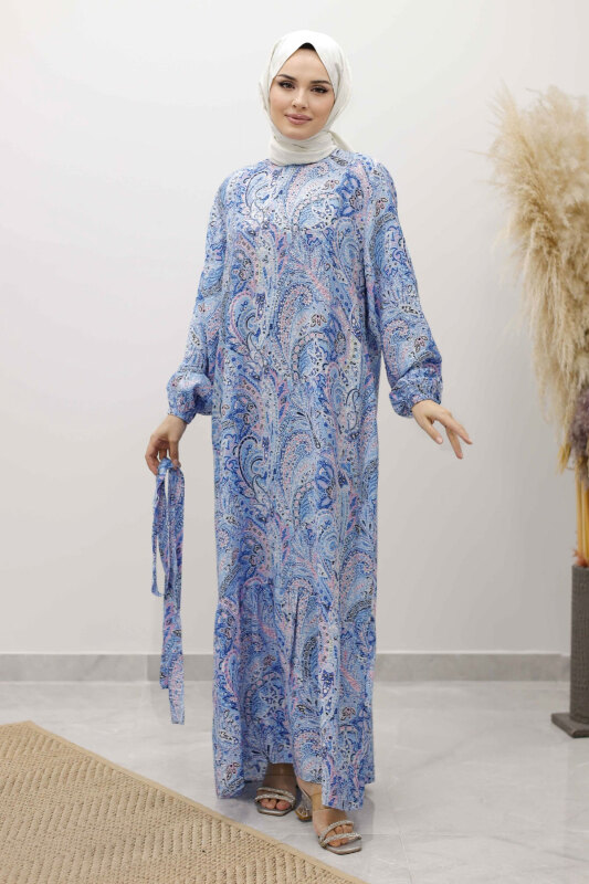 Şal Desen Kuşaklı Elbise TSD250257 Mavi - 4