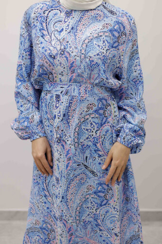 Şal Desen Kuşaklı Elbise TSD250257 Mavi - 5