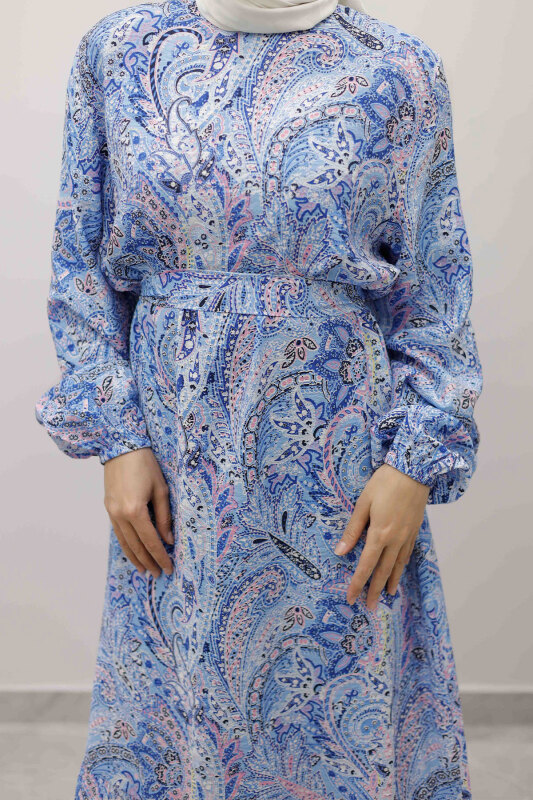 Şal Desen Kuşaklı Elbise TSD250257 Mavi - 5