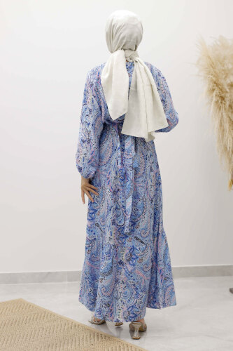 Şal Desen Kuşaklı Elbise TSD250257 Mavi - 6