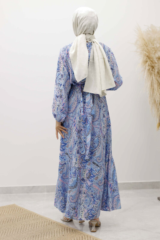 Şal Desen Kuşaklı Elbise TSD250257 Mavi - 6