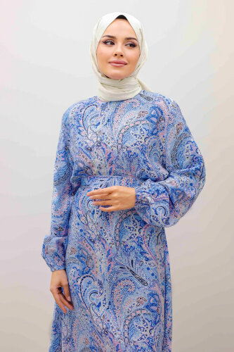 Şal Desen Kuşaklı Elbise TSD250257 Mavi - 2