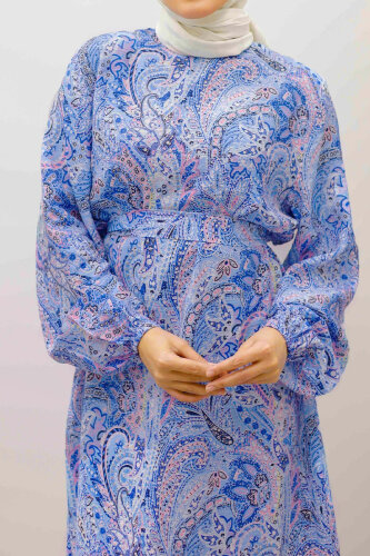 Şal Desen Kuşaklı Elbise TSD250257 Mavi - 5