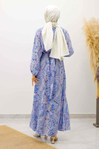 Şal Desen Kuşaklı Elbise TSD250257 Mavi - 6