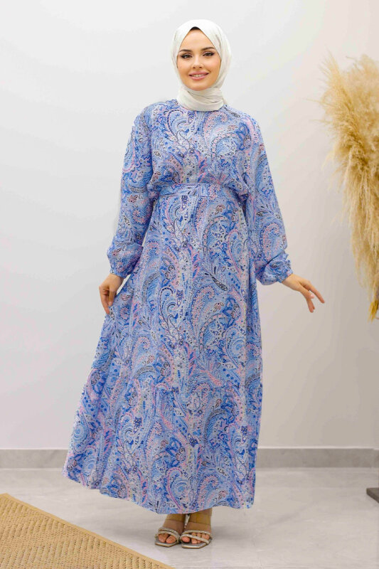 Şal Desen Kuşaklı Elbise TSD250257 Mavi - 3