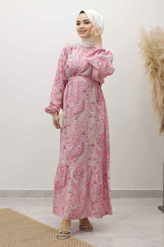 Şal Desen Kuşaklı Elbise TSD250257 Pembe - 1