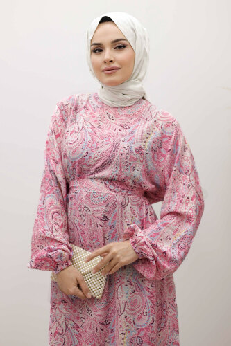 Şal Desen Kuşaklı Elbise TSD250257 Pembe - Tesettür Dünyası (1)