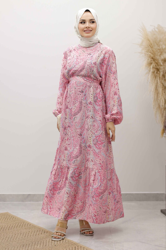 Şal Desen Kuşaklı Elbise TSD250257 Pembe - 3