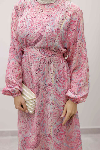 Şal Desen Kuşaklı Elbise TSD250257 Pembe - 4