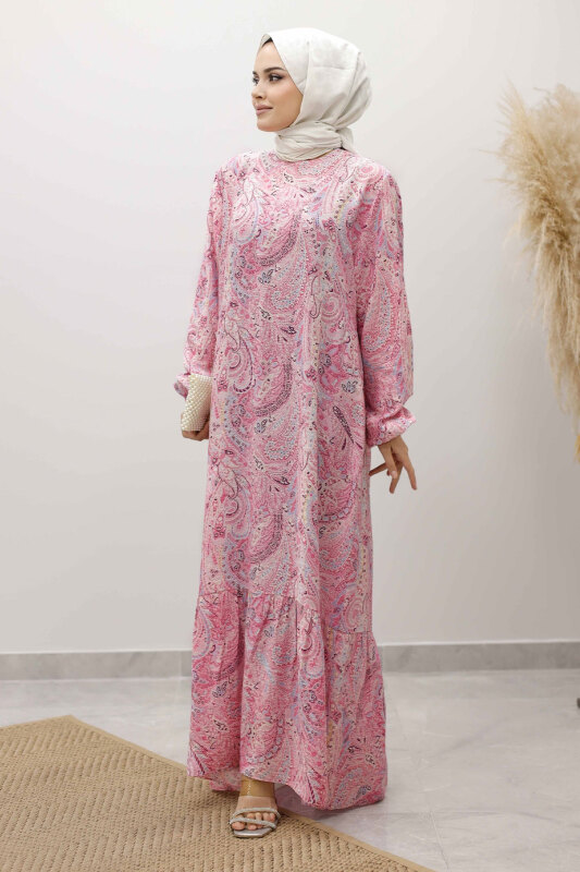 Şal Desen Kuşaklı Elbise TSD250257 Pembe - 5