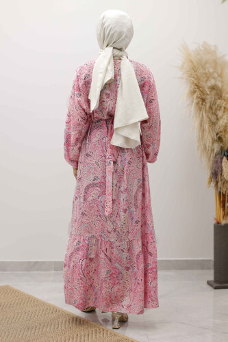 Şal Desen Kuşaklı Elbise TSD250257 Pembe - 6